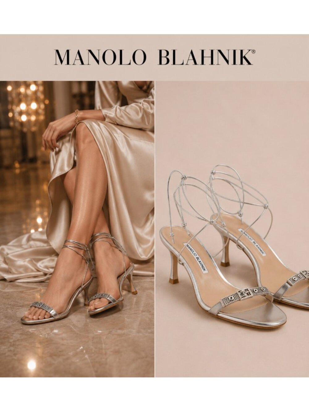 Manolo Blahnik Silver Metallic Crystal Strappy Heels Sandals EU 38